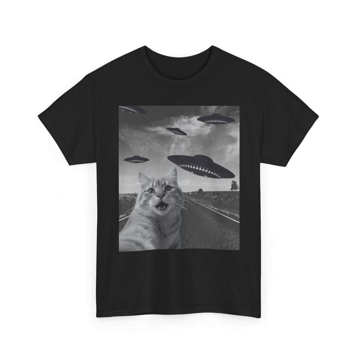 Selfie Cat Alien Invasion T-Shirt – unisex t-shirt by PrintMyDream