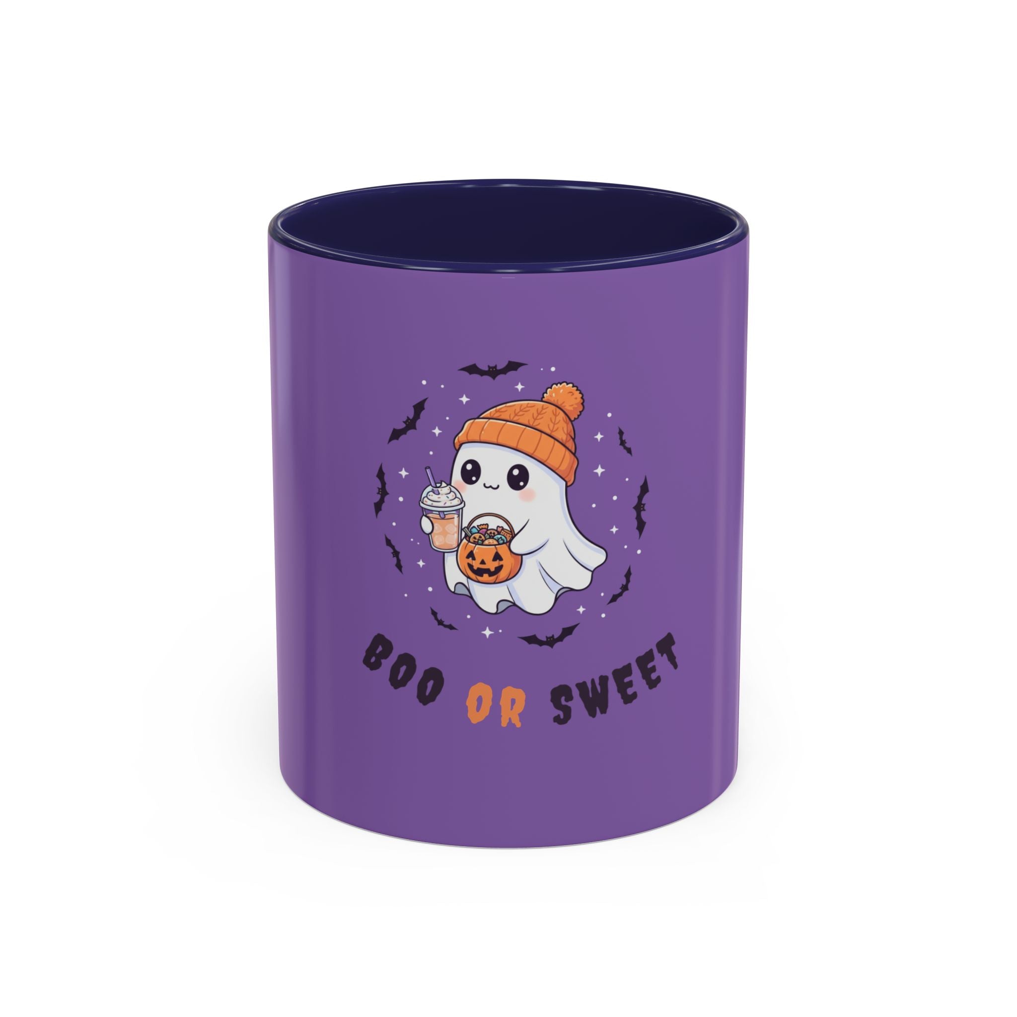 Boo or Sweet – Cute Halloween Ghost Mug with Candy & Pumpkin Design