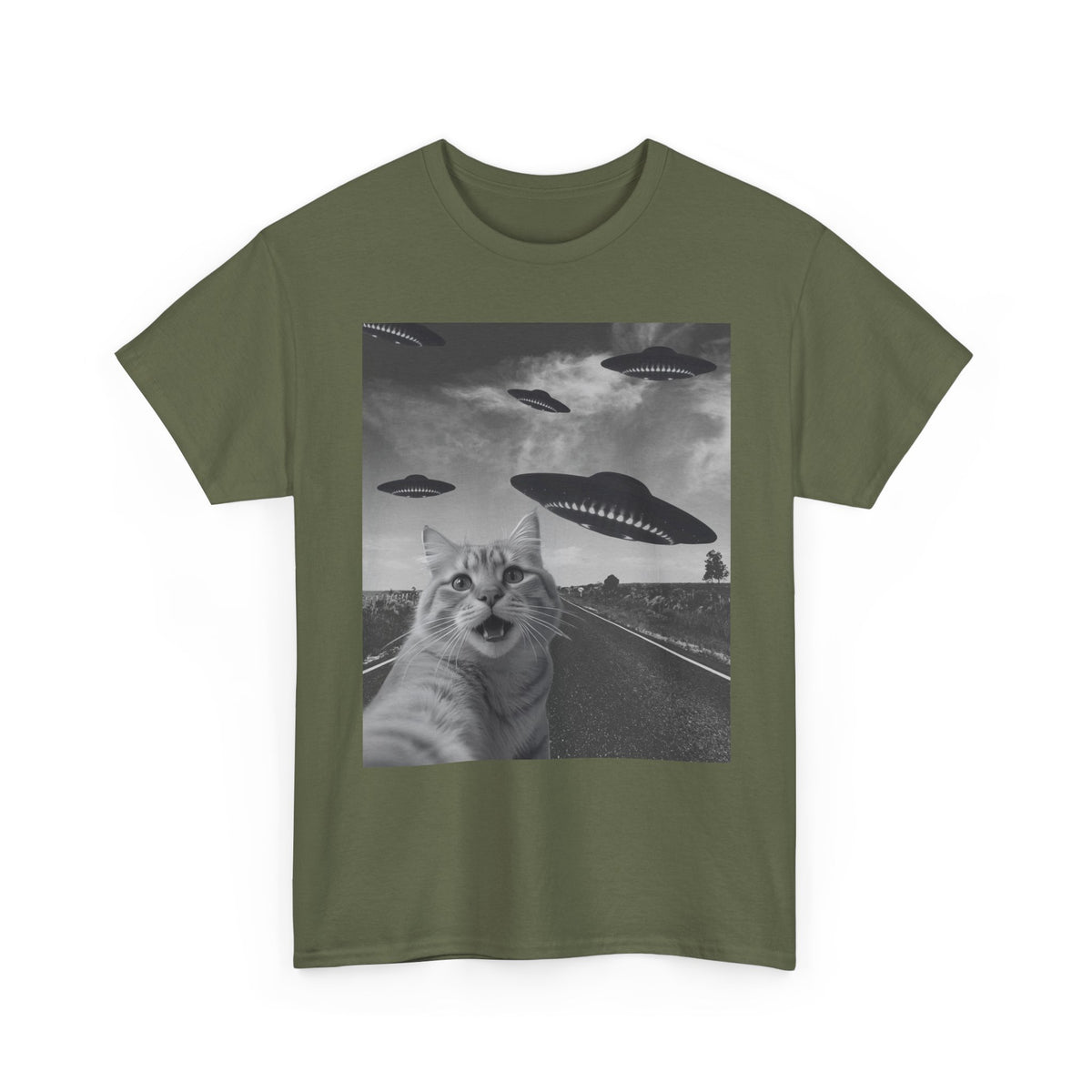 Selfie Cat Alien Invasion T-Shirt – unisex t-shirt by PrintMyDream