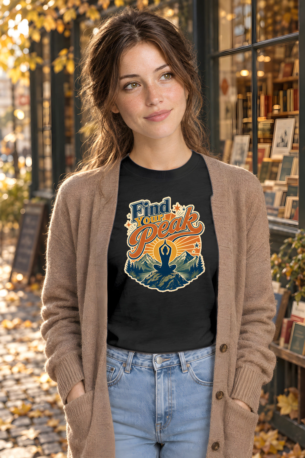 Sunrise Mountain Yoga T-Shirt - Original Zen Design – Black t-shirt worn by Lily
