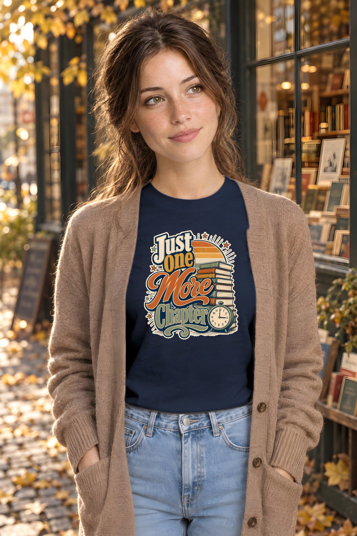 Bookworm Night Reader Tee - Just One More Chapter – Navy t-shirt worn by Lily