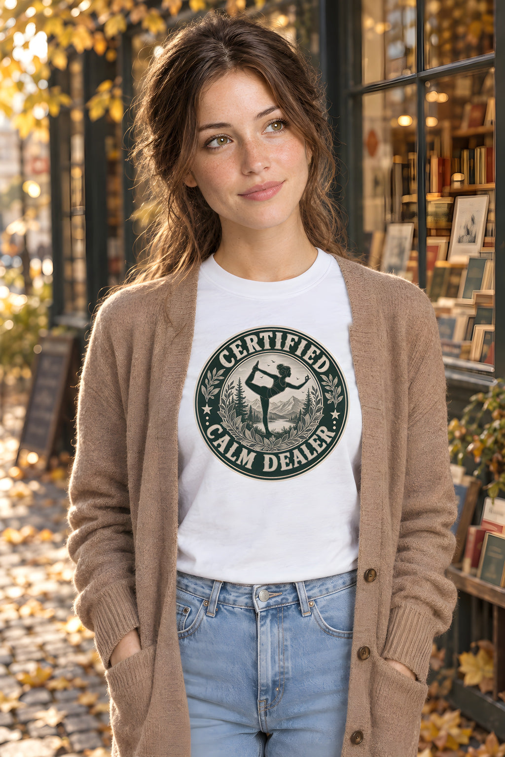 Yoga Instructor T-Shirt - Original Design – White t-shirt worn by Lily