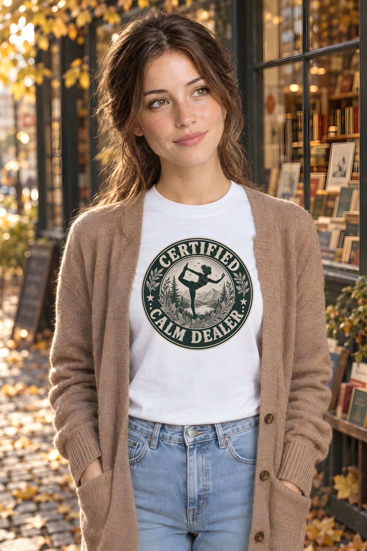 Yoga Instructor T-Shirt - Original Design – White t-shirt worn by Lily