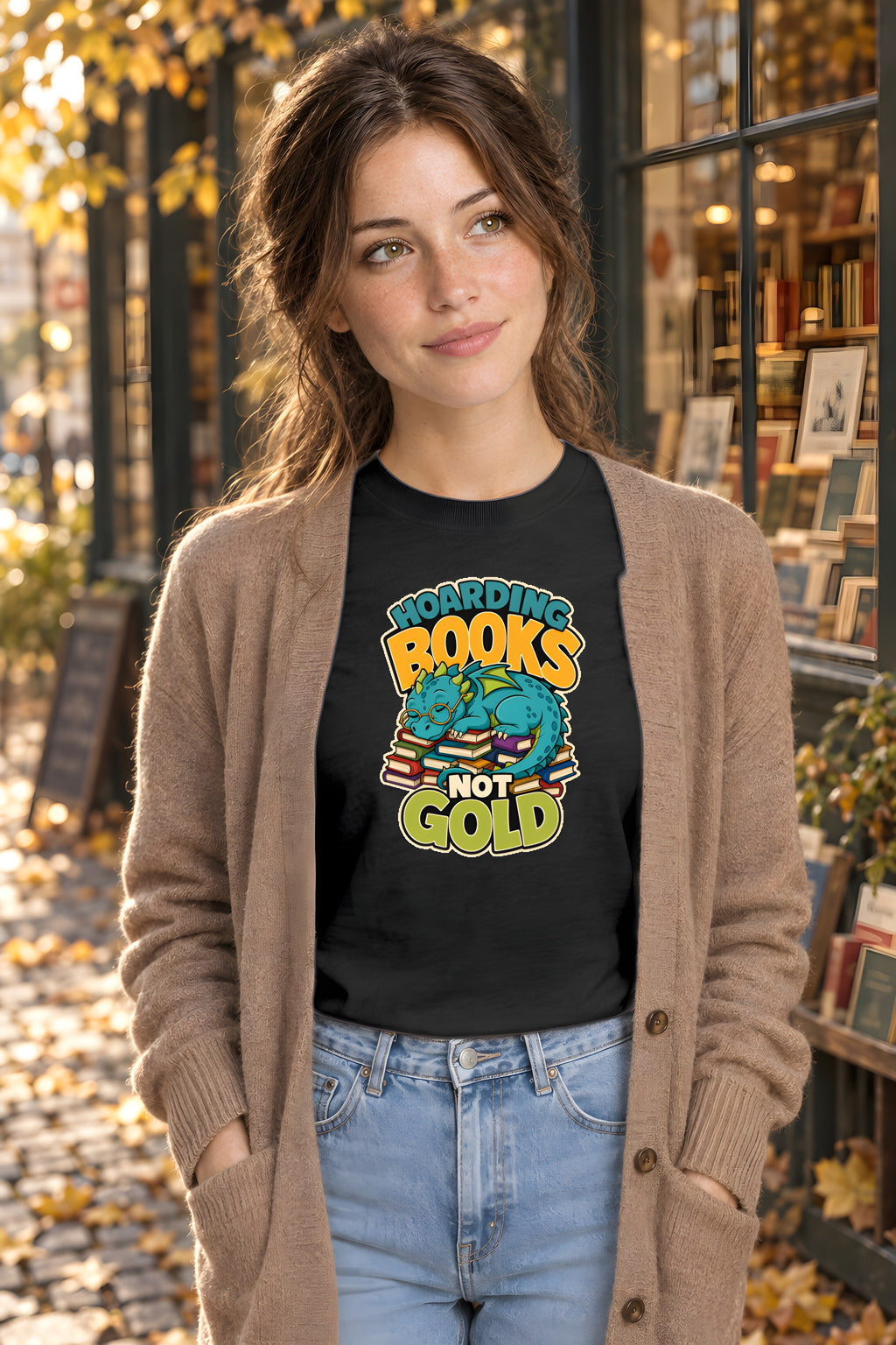 Book Lover Dragon T-Shirt - Fantasy Reader's Dream – Black t-shirt worn by Lily