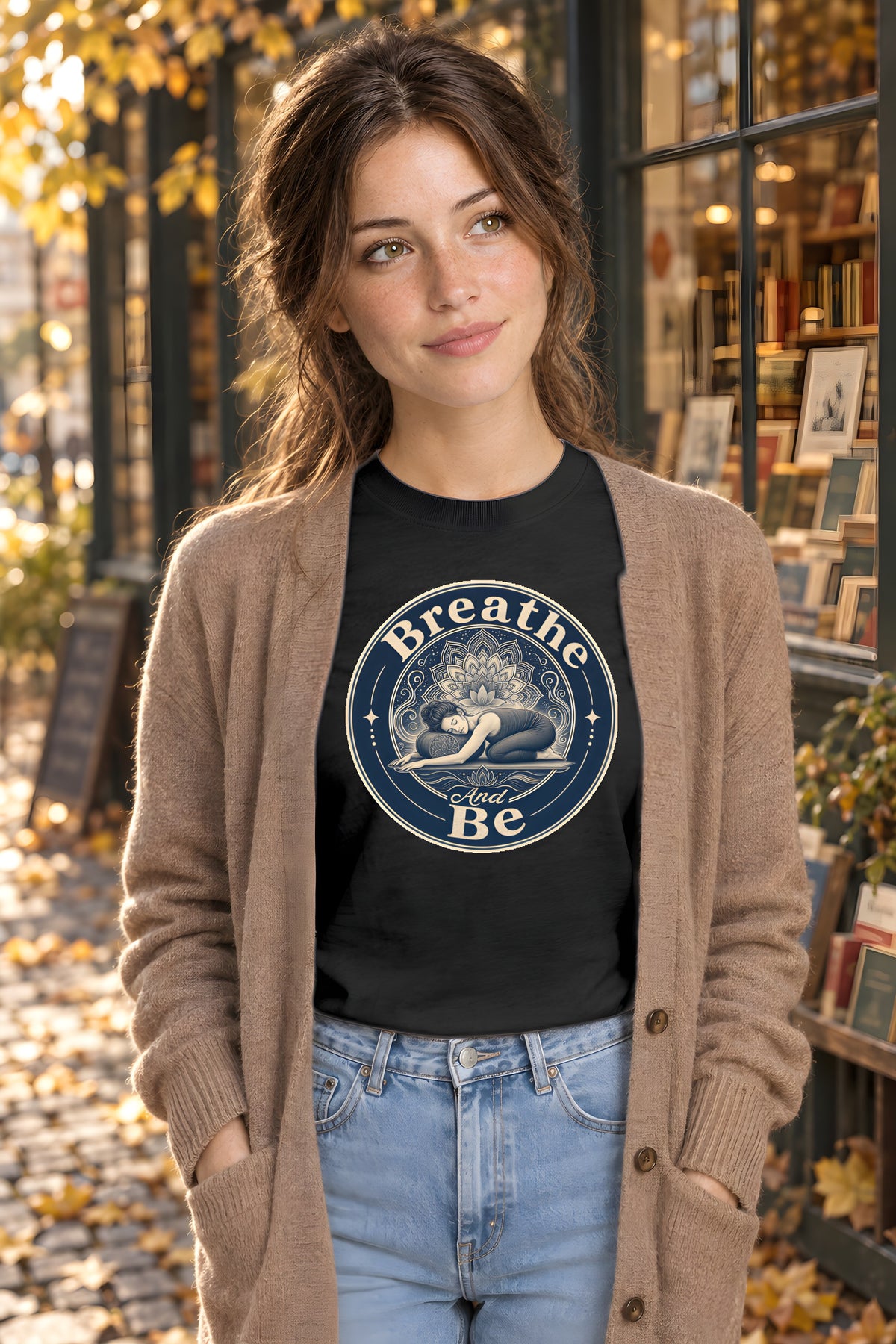 Yin Yoga T-Shirt, Breathe and Be Mandala Meditation Tee – Black t-shirt worn by Lily