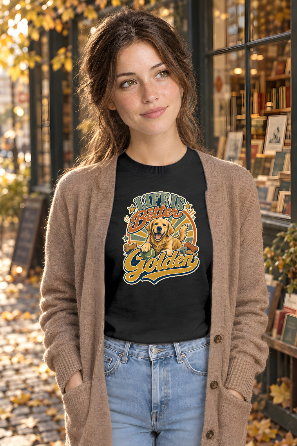 Golden Retriever Design T-shirt - Playful Joy – Black t-shirt worn by Lily
