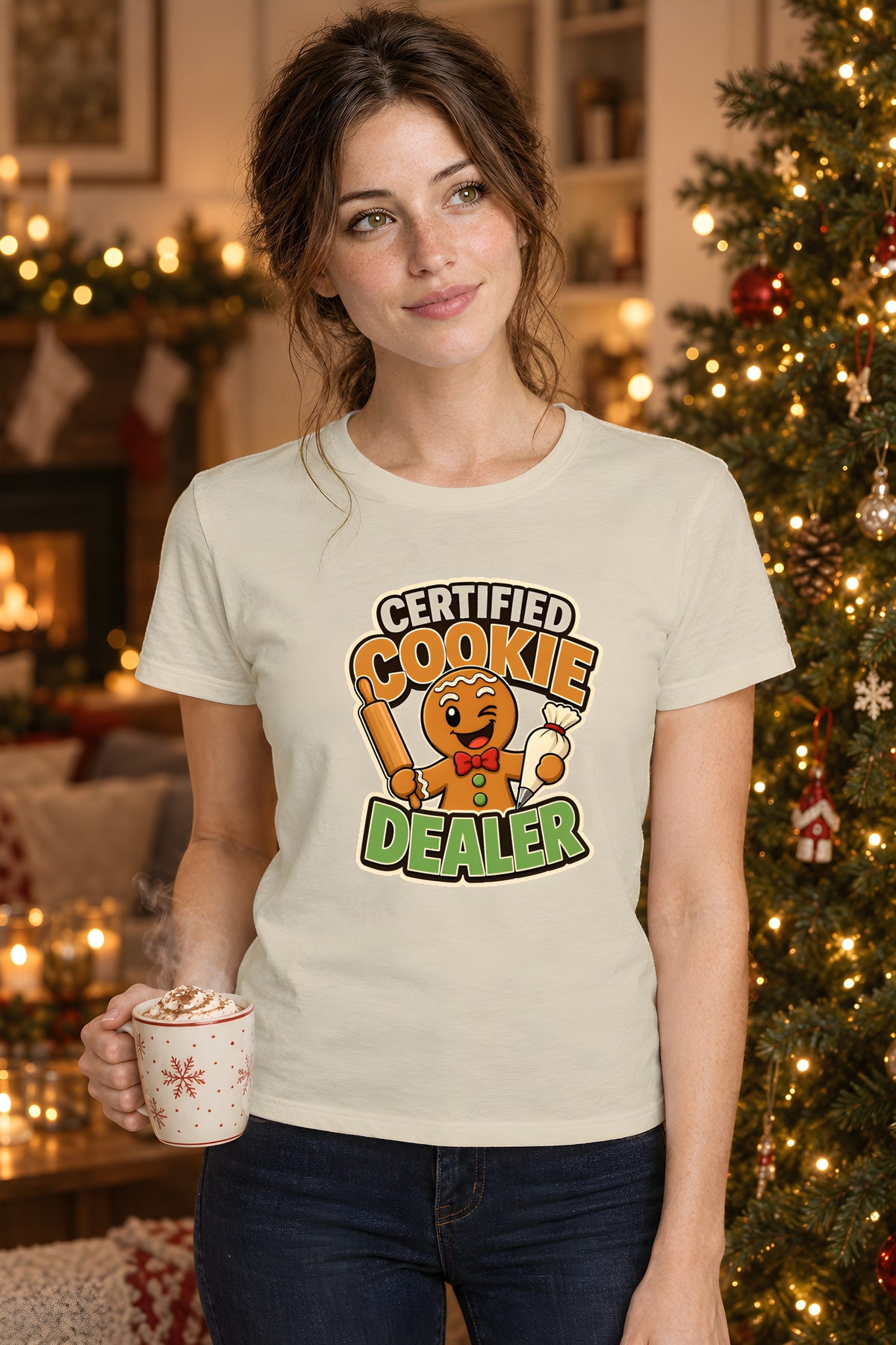 Christmas Baking Fun Gingerbread Baker T-Shirt – Sand t-shirt worn by Lily