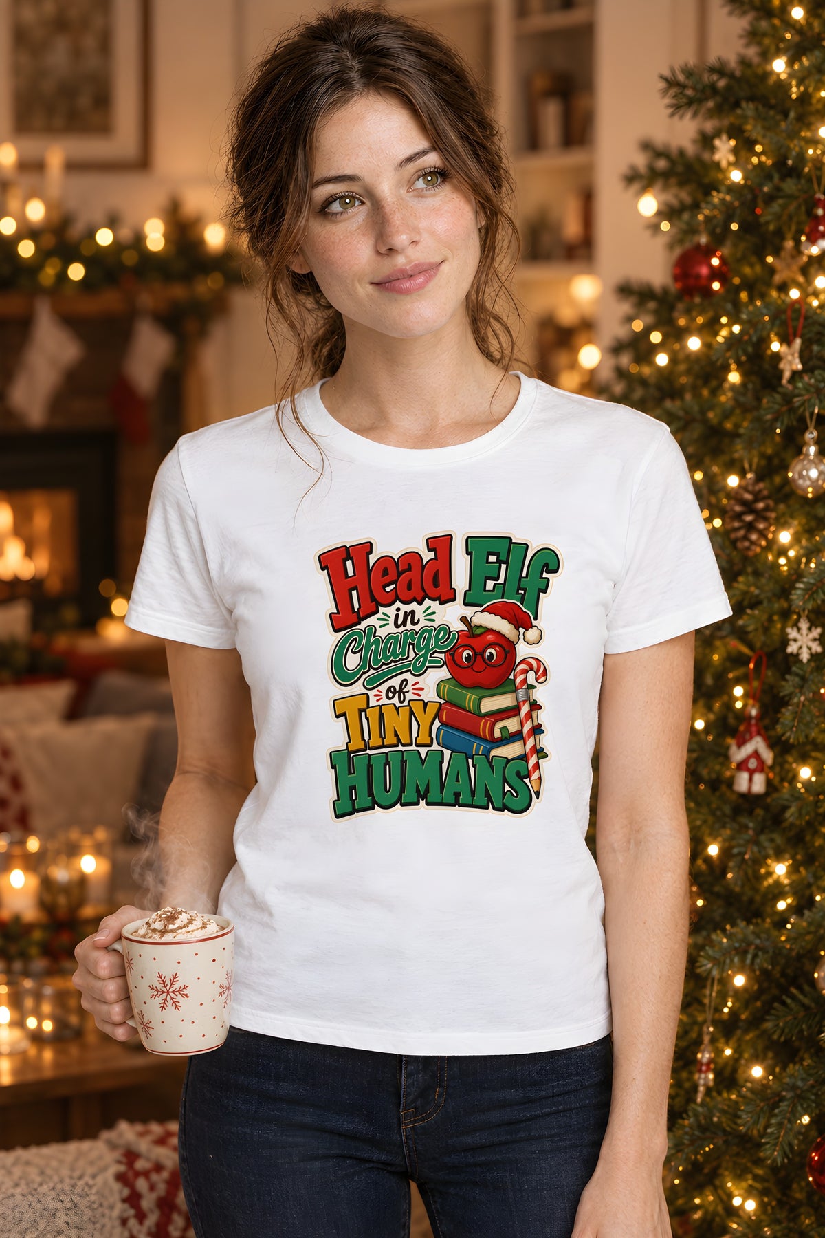 Teacher Christmas Shirt, Fun Gift for Educators – White t-shirt worn by Lily