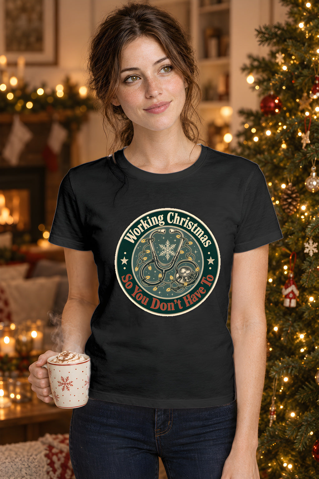 Healthcare Christmas T-Shirt, Gift for Nurses and Doctors – Black t-shirt worn by Lily