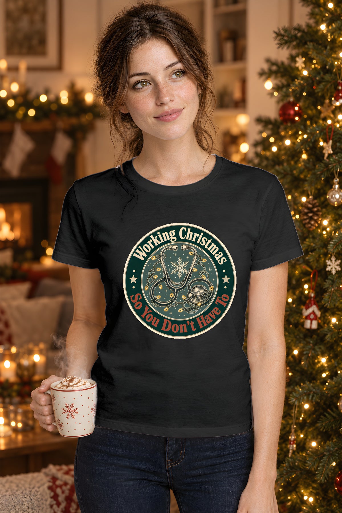 Healthcare Christmas T-Shirt, Gift for Nurses and Doctors – Black t-shirt worn by Lily