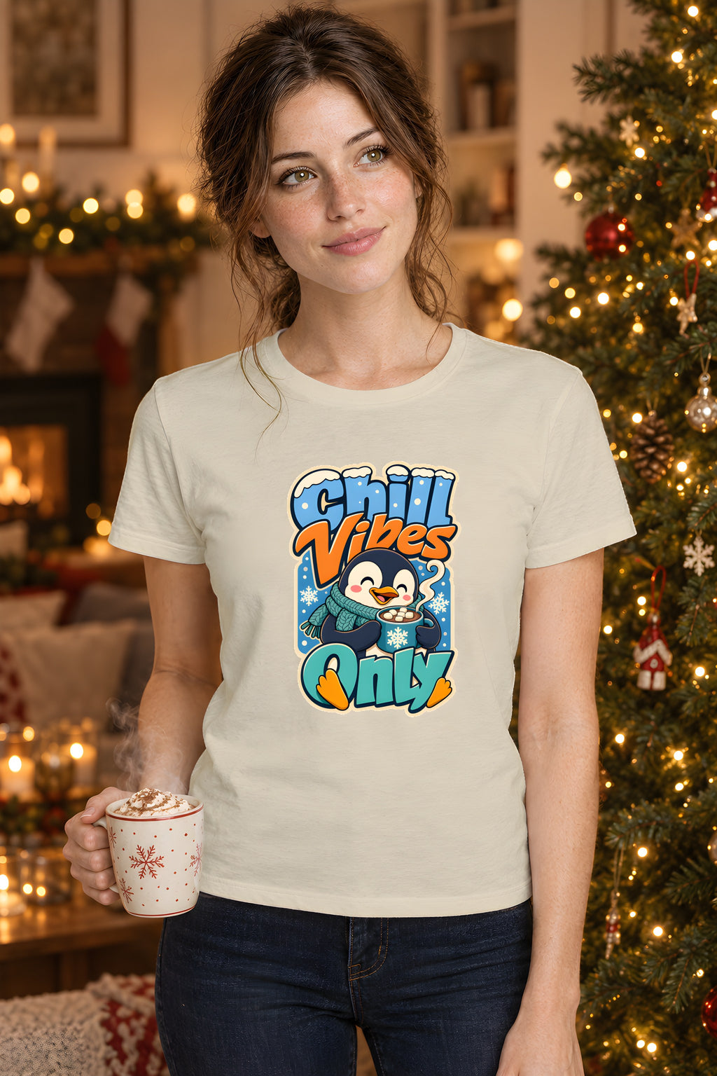 Penguin Christmas T-Shirt, Cozy Winter Animal Gift – Sand t-shirt worn by Lily