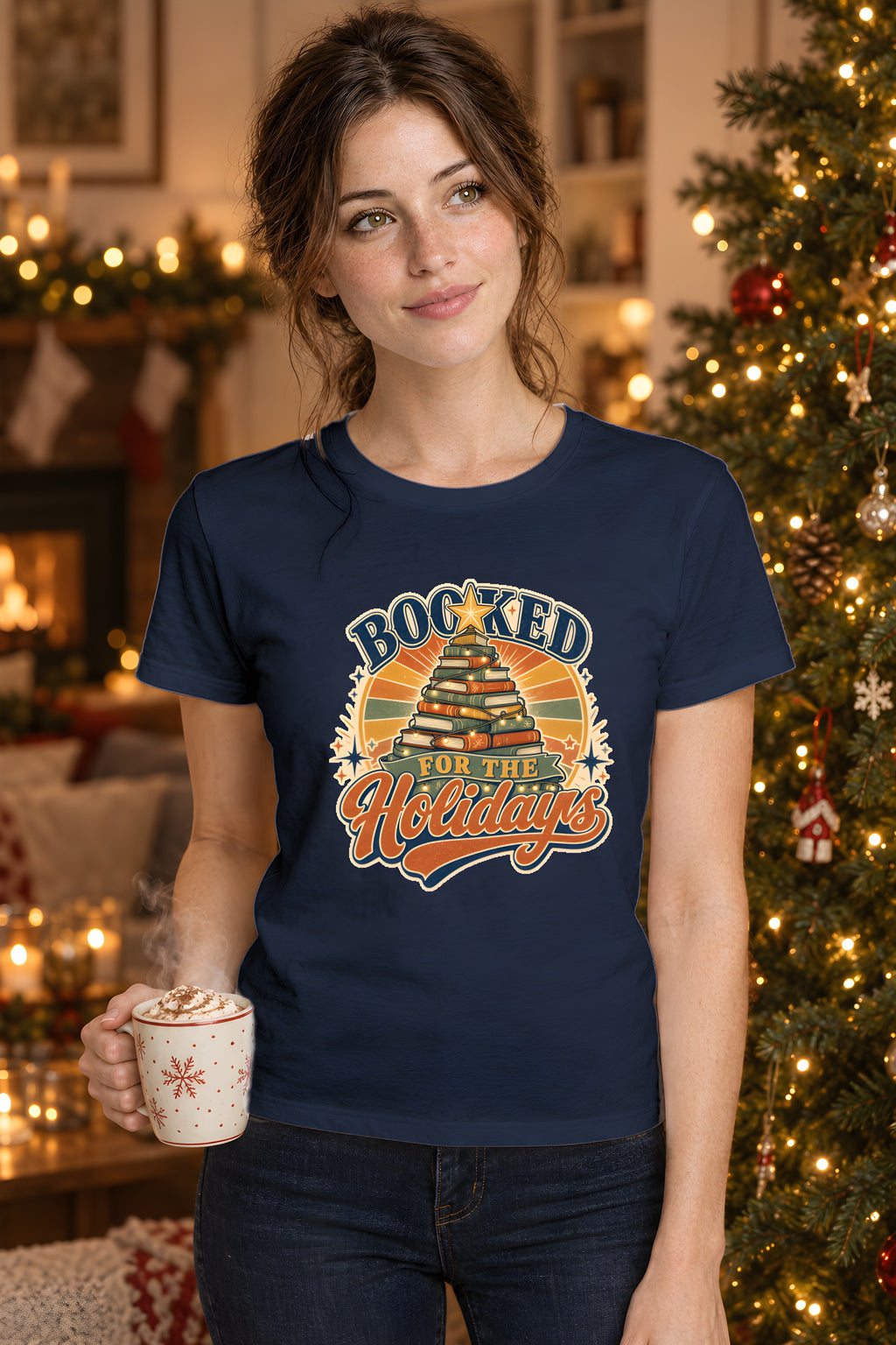 Book Christmas Tree T-Shirt, Cozy Gift for Book Lovers – Navy t-shirt worn by Lily