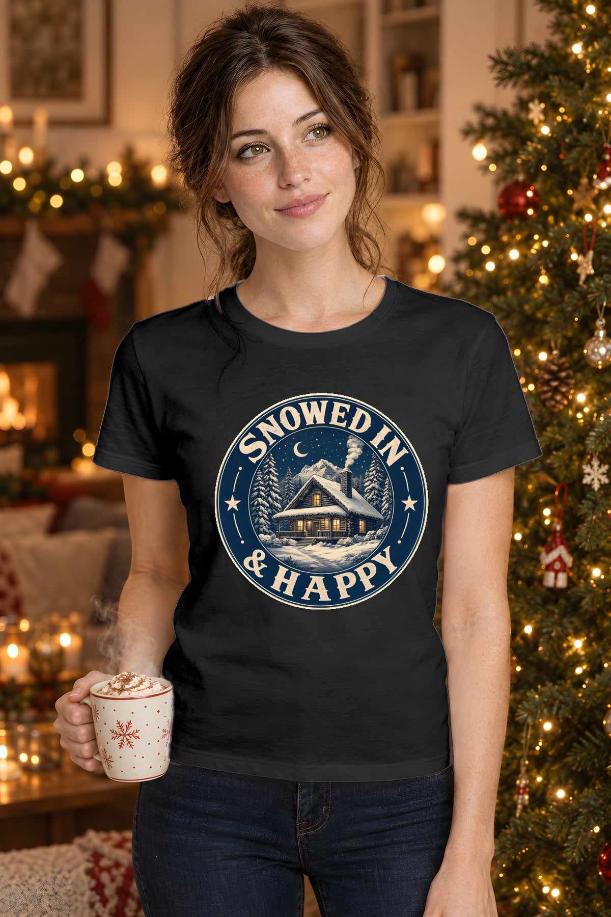Snowed In & Happy T-Shirt, Cozy Hiker Gift, Winter Cabin – Black t-shirt worn by Lily