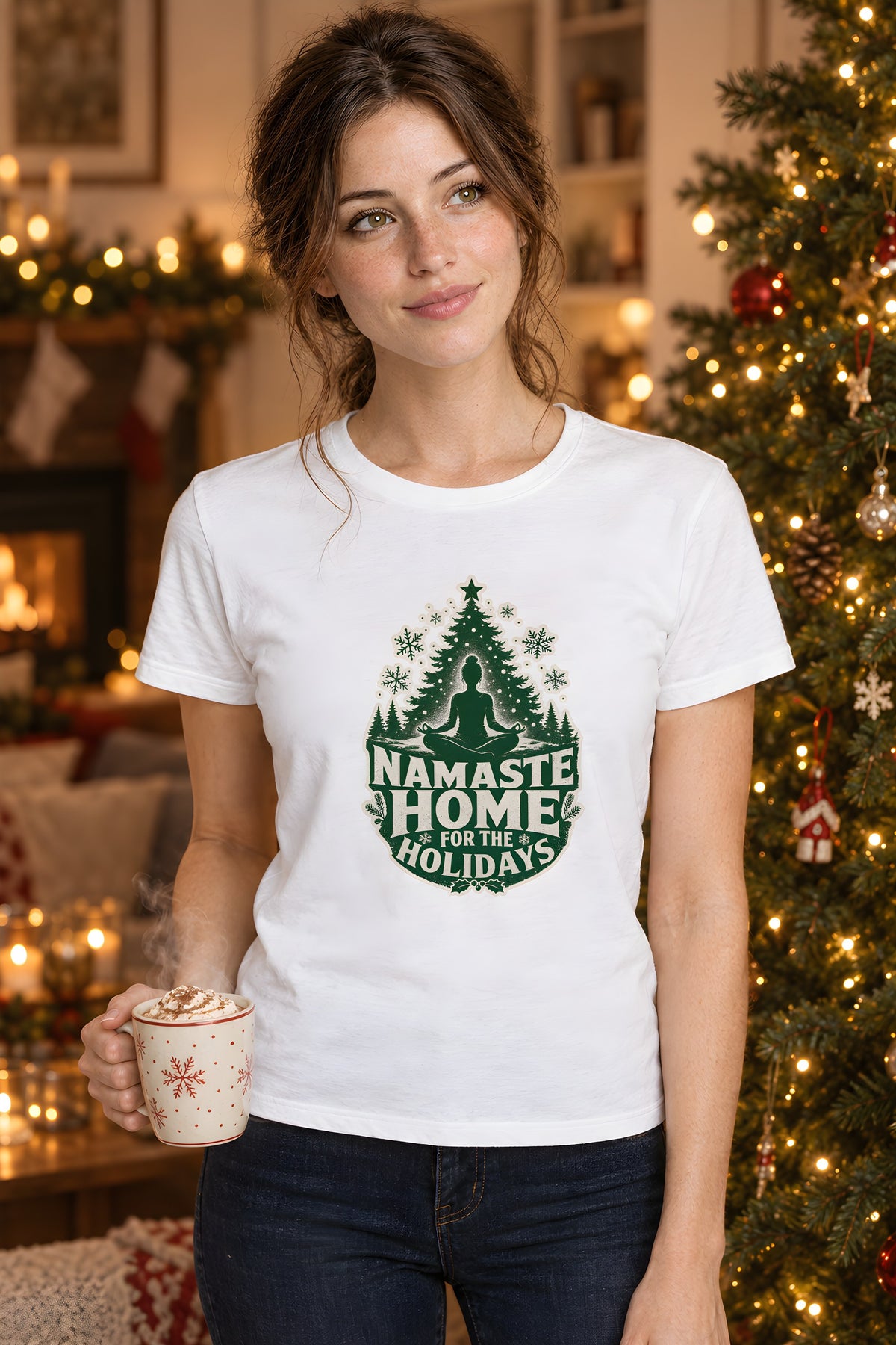Namaste Home for the Holidays Yoga T-Shirt, Peaceful Winter Gift – White t-shirt worn by Lily