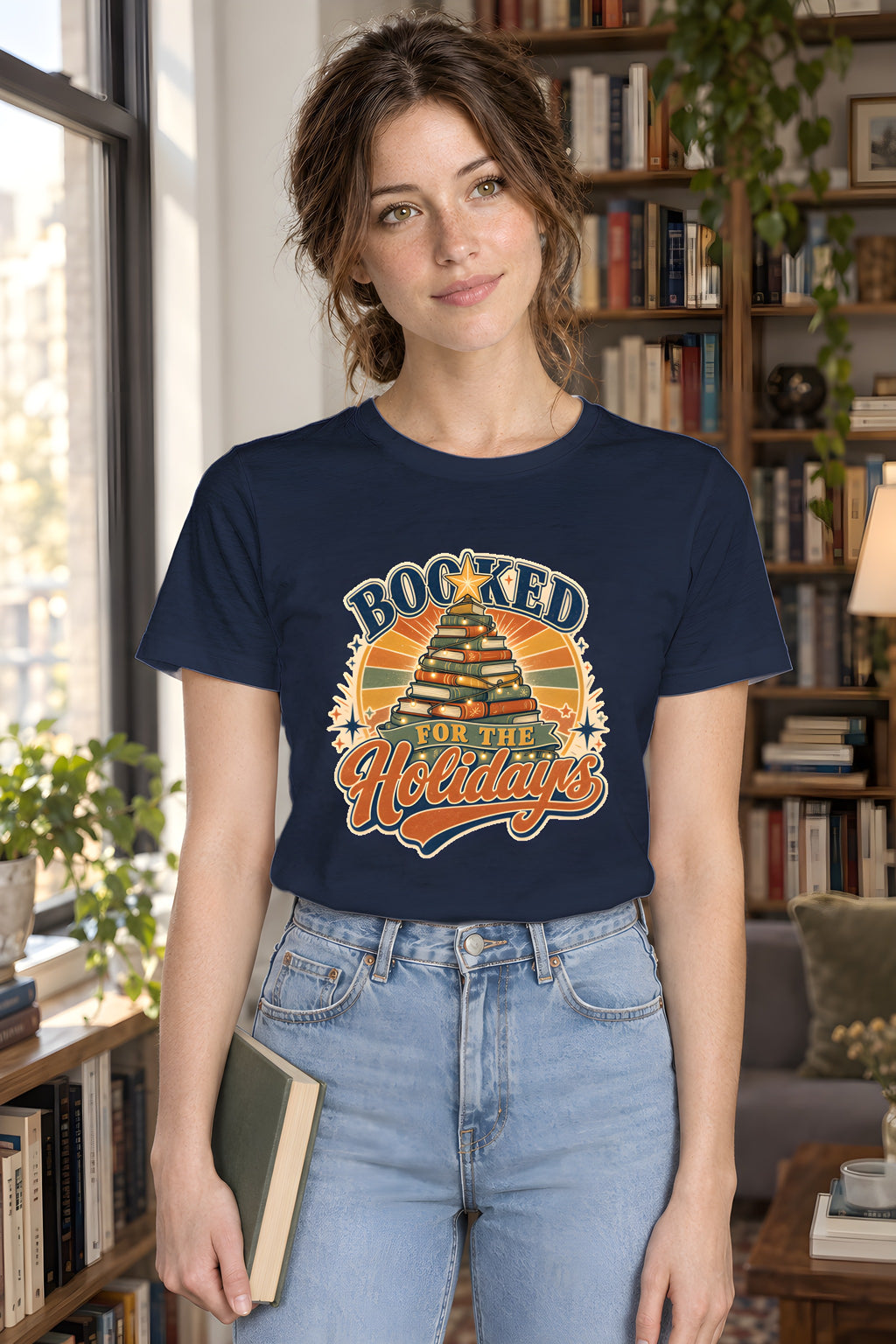 Book Christmas Tree T-Shirt, Cozy Gift for Book Lovers – Navy t-shirt worn by Lily