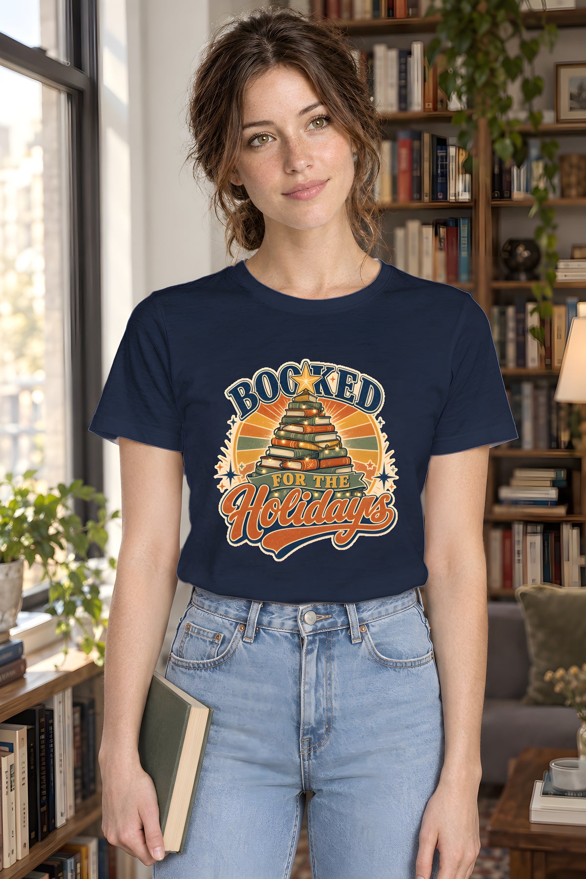 Book Christmas Tree T-Shirt, Cozy Gift for Book Lovers – Navy t-shirt worn by Lily