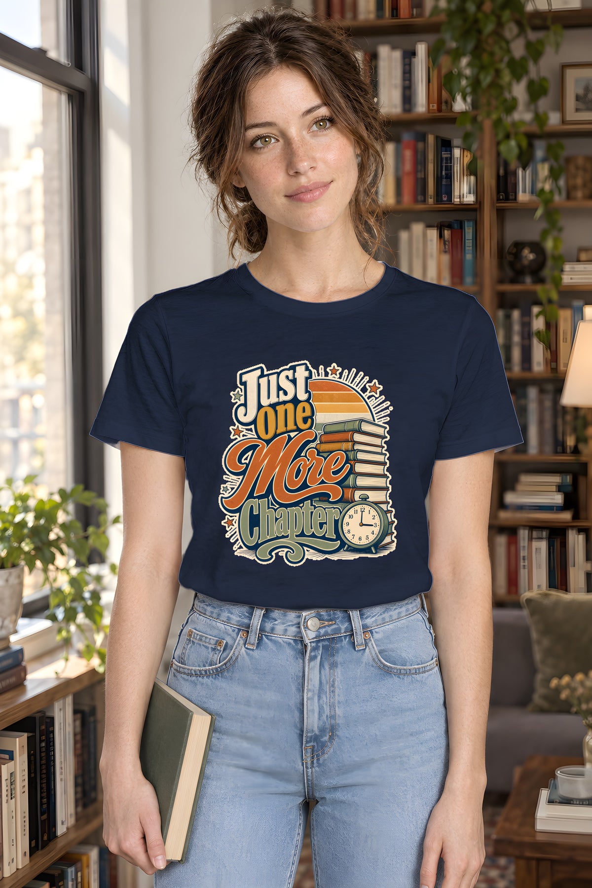 Bookworm Night Reader Tee - Just One More Chapter – Navy t-shirt worn by Lily