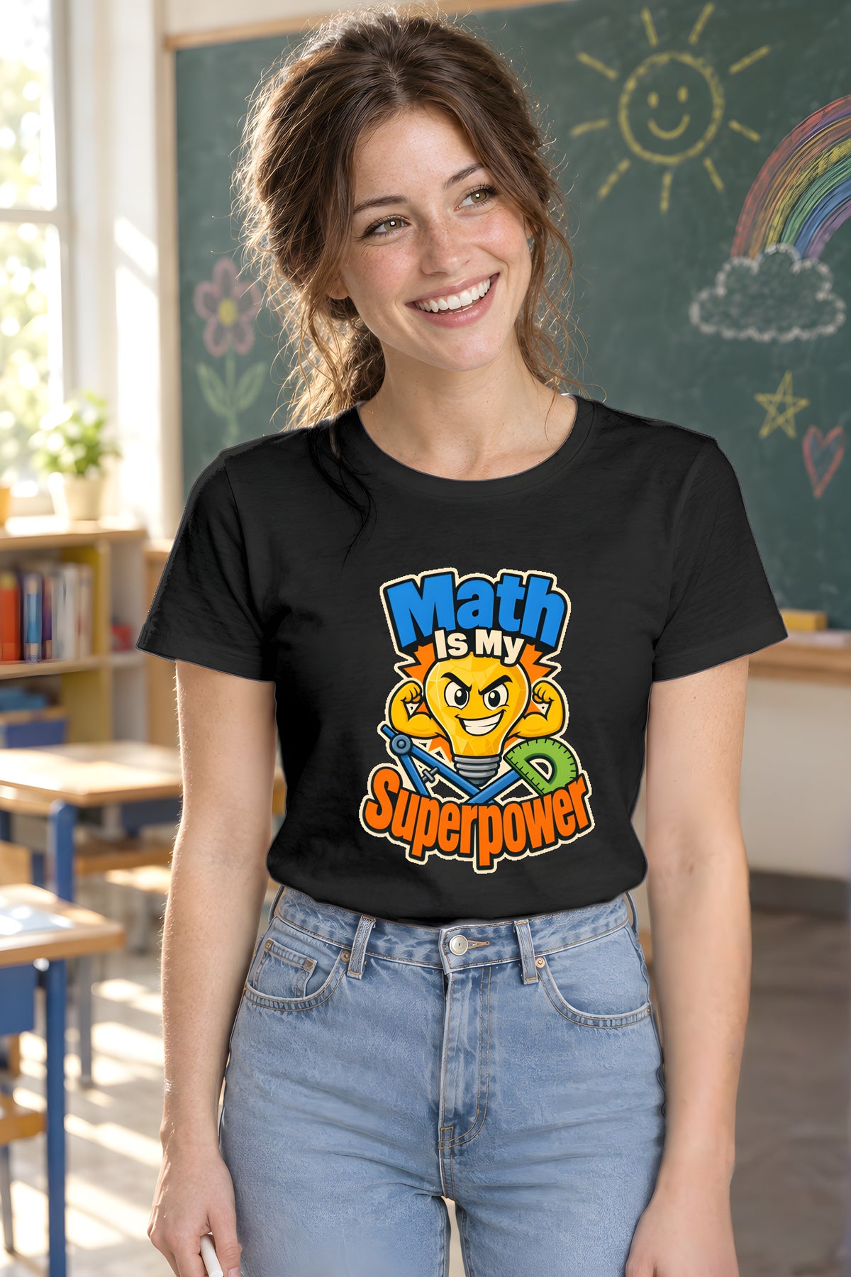 Geometric Lightbulb Design T-Shirt for Math Pros – Black t-shirt worn by Lily