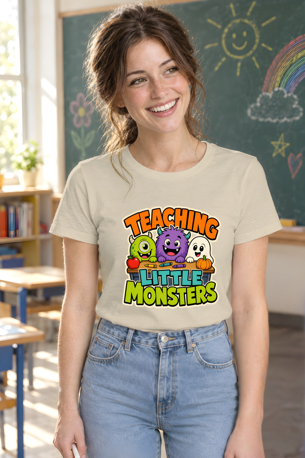 Teaching Little Monsters T-Shirt, Fun Teacher Apparel – Sand t-shirt worn by Lily