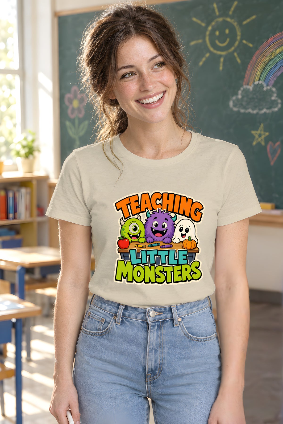 Teaching Little Monsters T-Shirt, Fun Teacher Apparel – Sand t-shirt worn by Lily