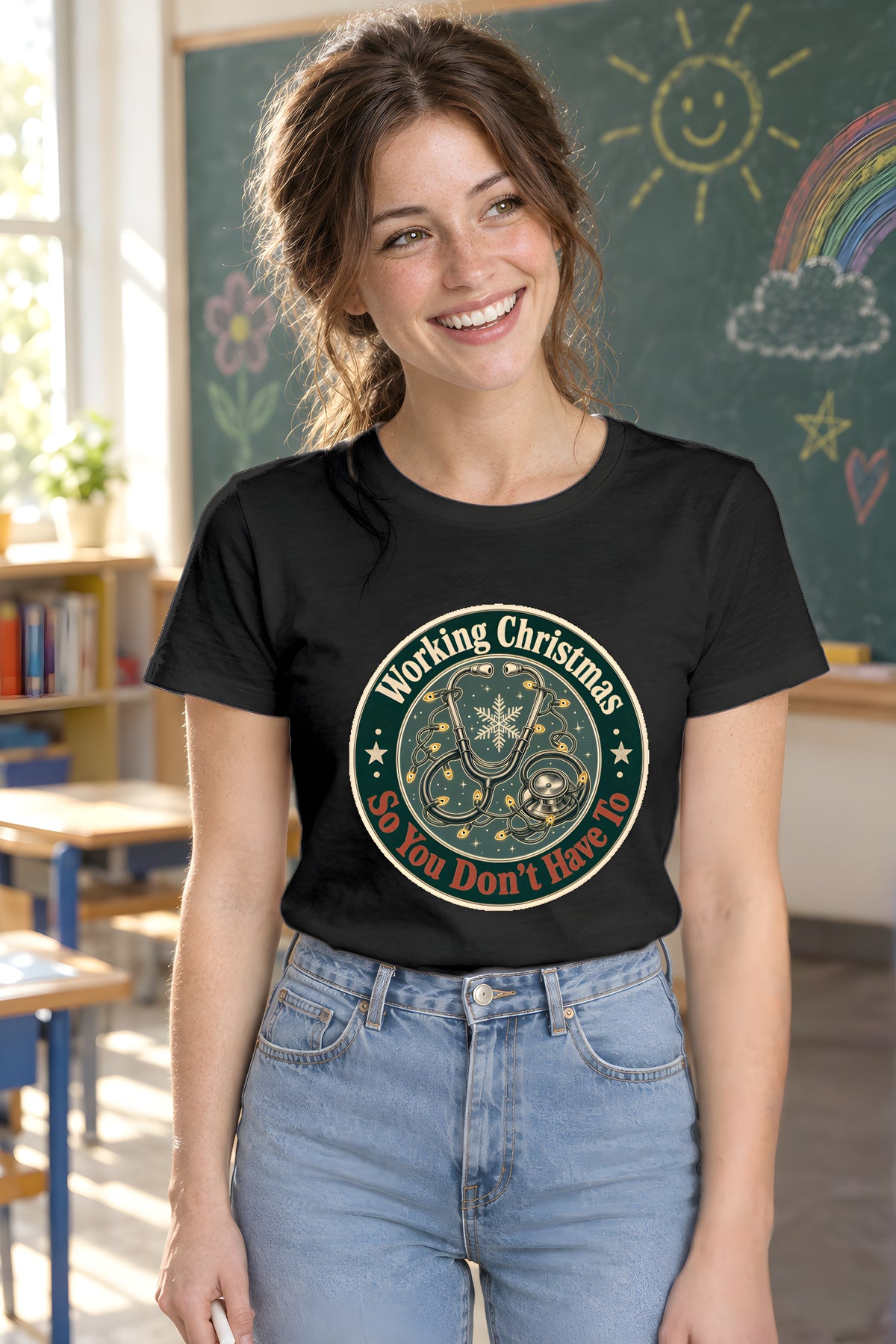 Healthcare Christmas T-Shirt, Gift for Nurses and Doctors – Black t-shirt worn by Lily