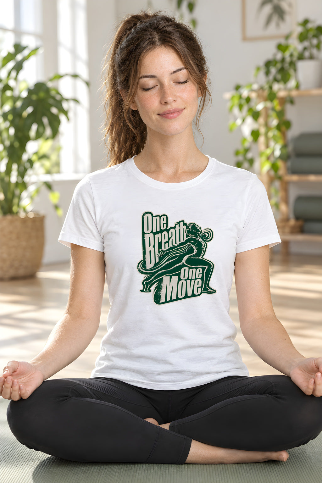 Design T-Shirt for Vinyasa Yoga Athletes – White t-shirt worn by Lily