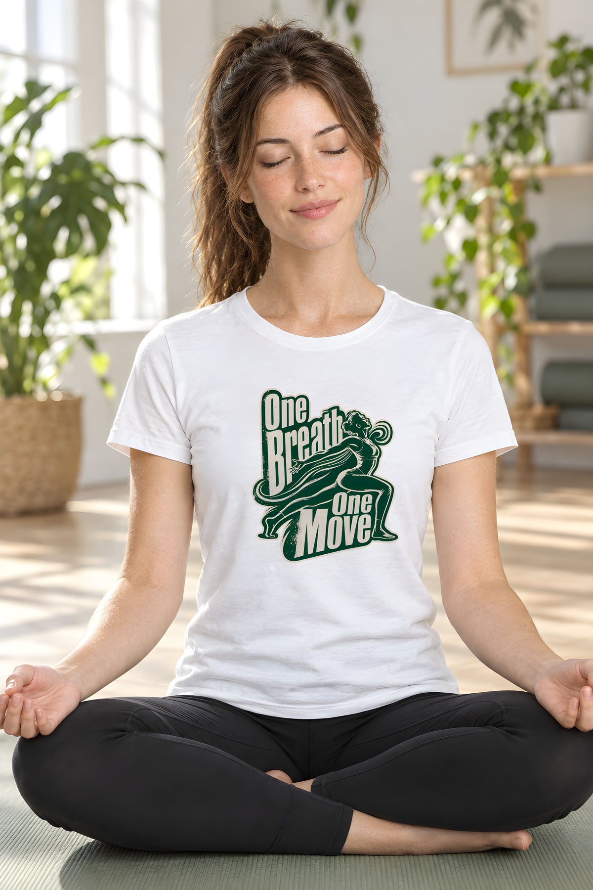 Design T-Shirt for Vinyasa Yoga Athletes – White t-shirt worn by Lily