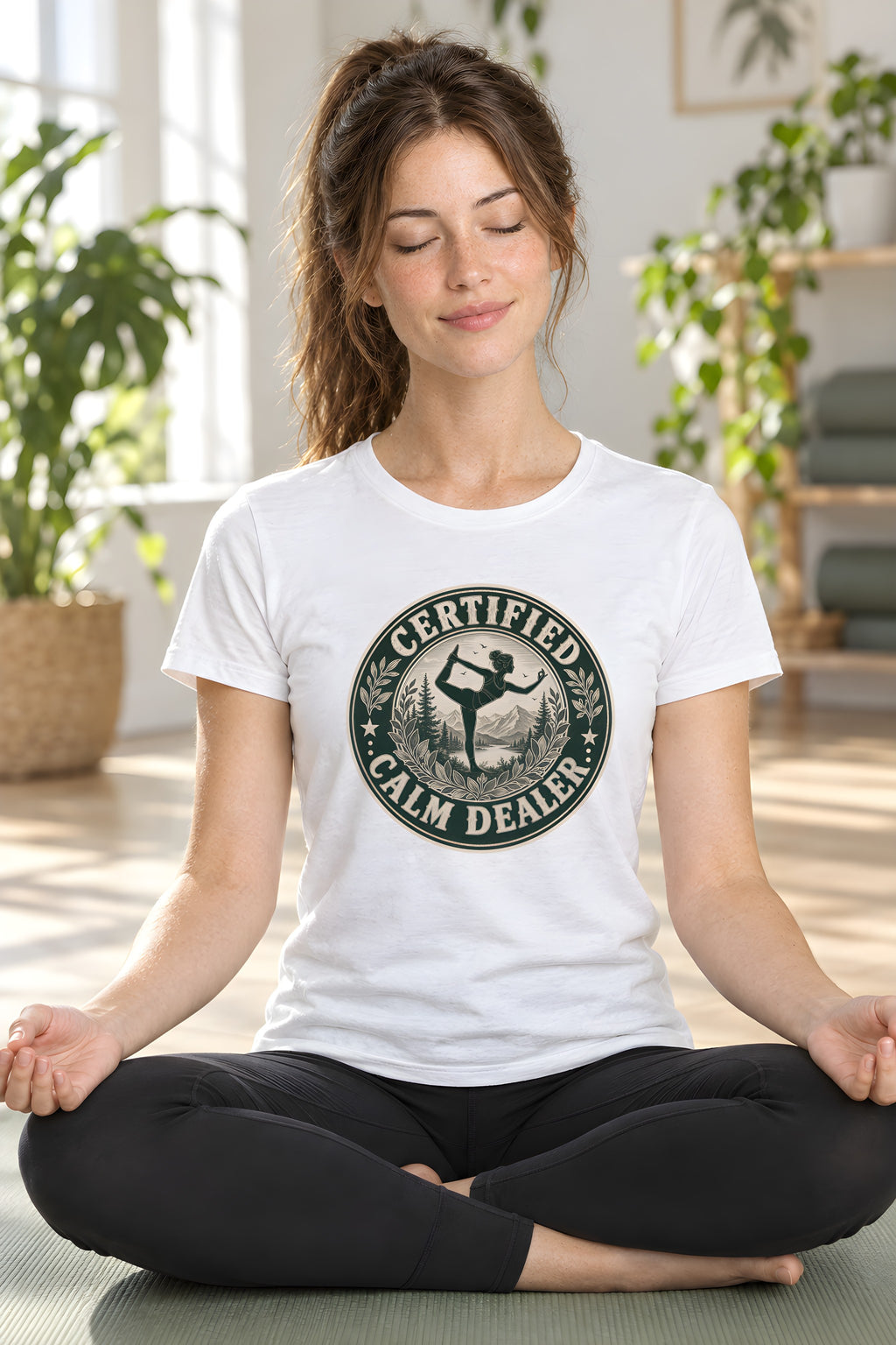 Yoga Instructor T-Shirt - Original Design – White t-shirt worn by Lily