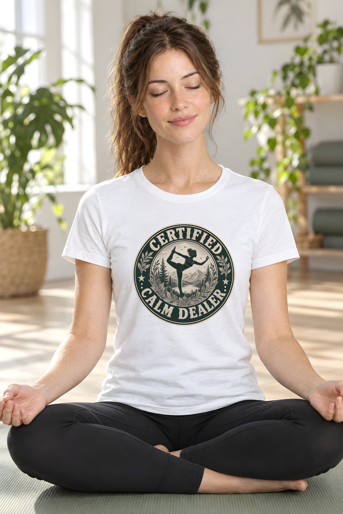 Yoga Instructor T-Shirt - Original Design – White t-shirt worn by Lily