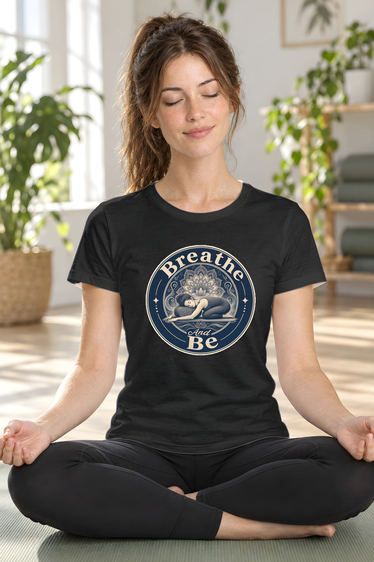 Yin Yoga T-Shirt, Breathe and Be Mandala Meditation Tee – Black t-shirt worn by Lily