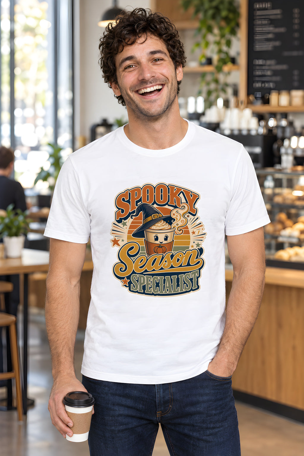 Halloween Pumpkin Spice Witch T-Shirt for Fun – White t-shirt worn by Milo