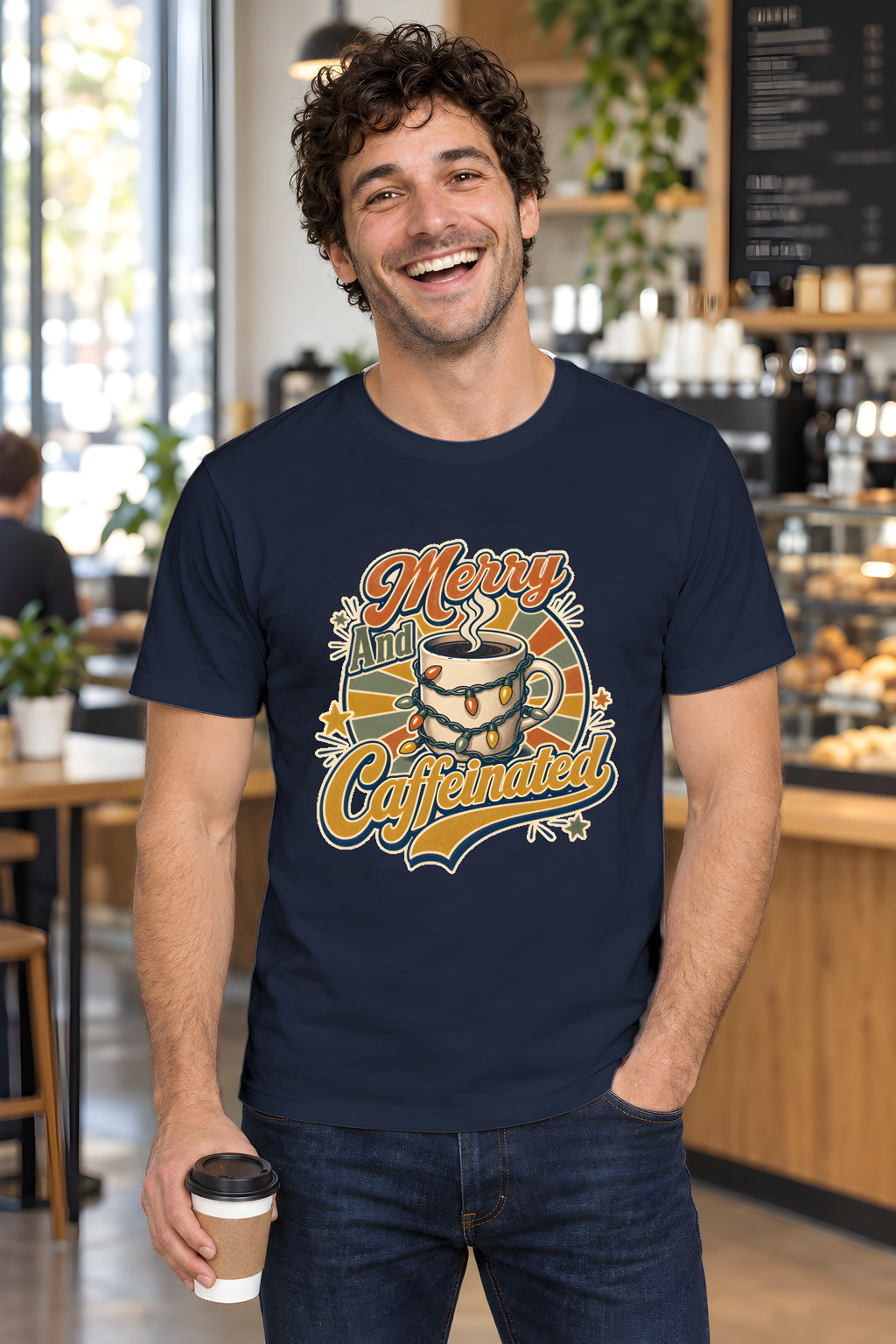 Christmas Coffee Shirt - Cozy Festive Humor – Navy t-shirt worn by Milo