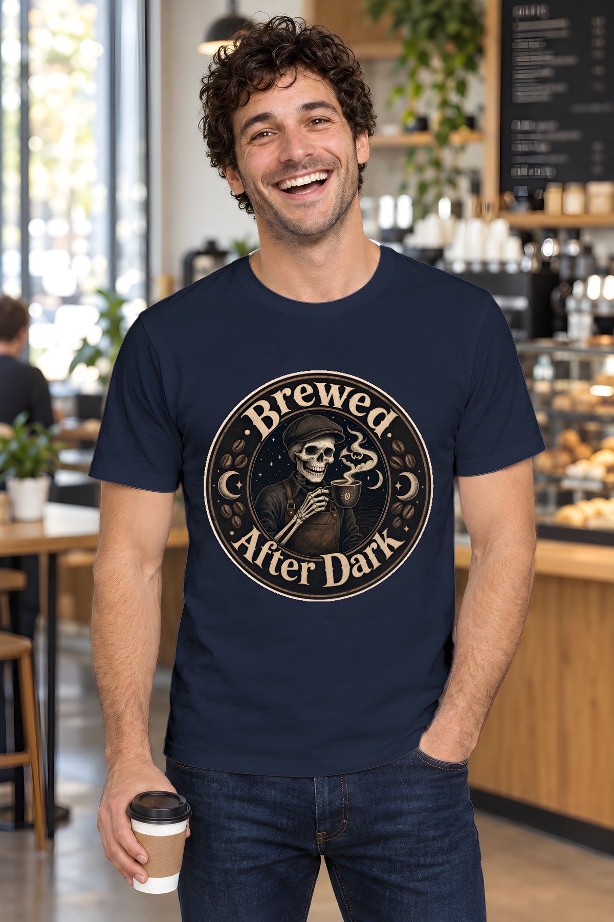 Grinning Skeleton Barista T-Shirt, Coffee Lovers Gift – Navy t-shirt worn by Milo