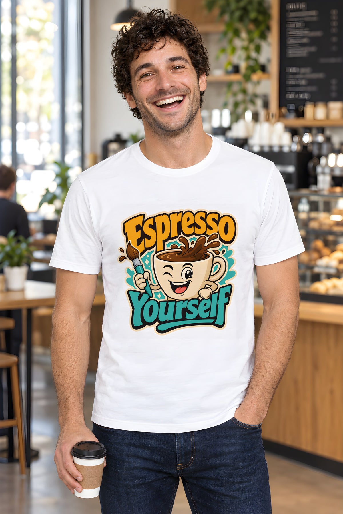 Coffee Lover's Espresso Art T-shirt - Express Yourself – White t-shirt worn by Milo