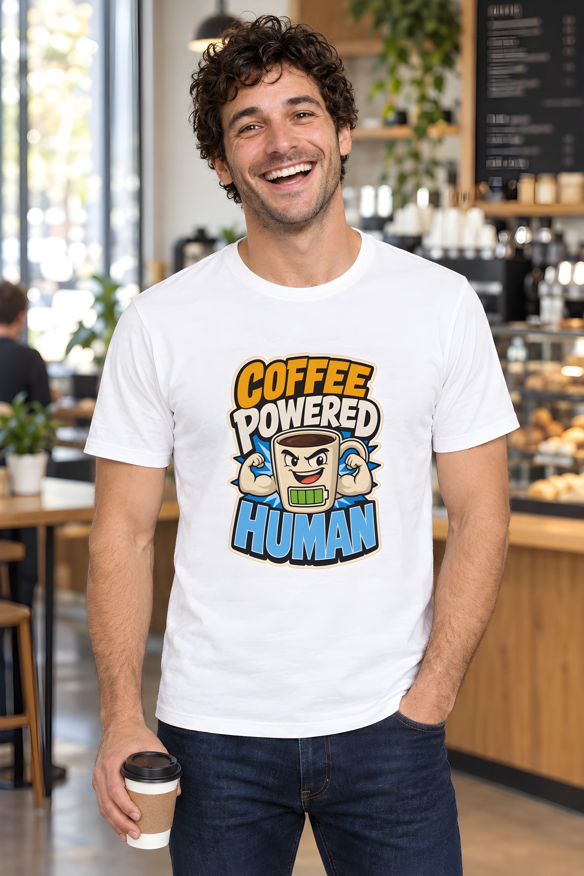 Coffee Lover T-Shirt - Power Up Every Morning – White t-shirt worn by Milo