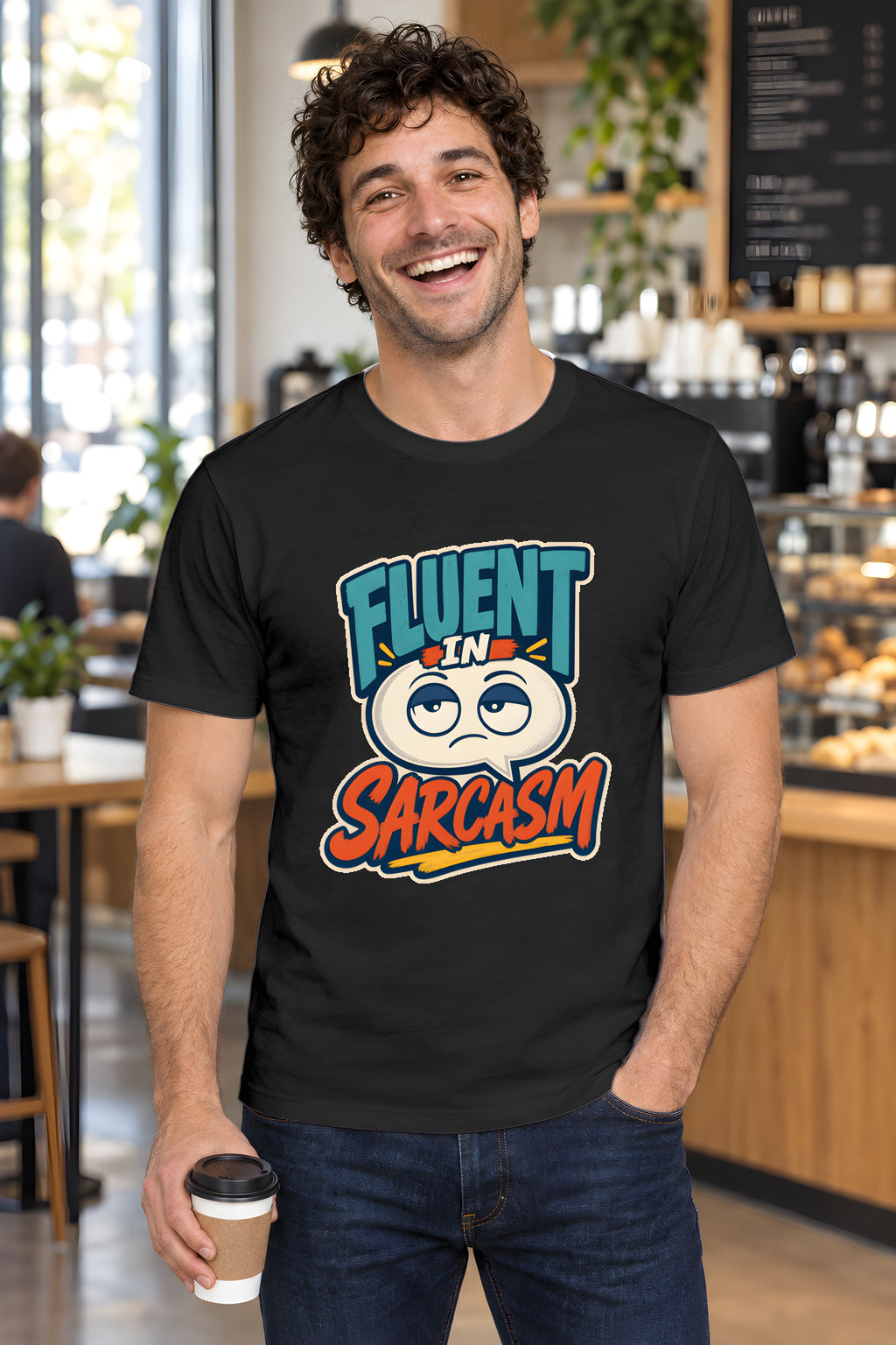 Sarcasm T-Shirt - Fluent in Dry Humor – Black t-shirt worn by Milo