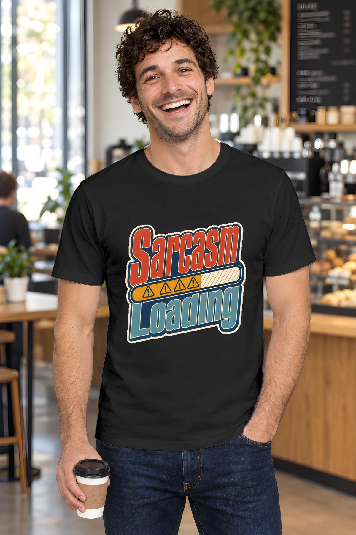 Sarcasm Loading T-Shirt - Witty and Funny – Black t-shirt worn by Milo