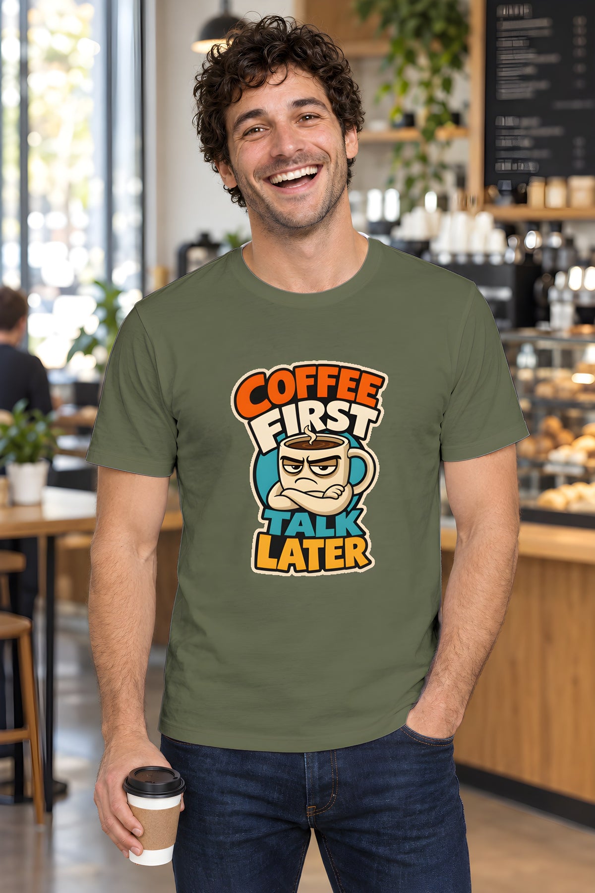 Coffee Lover T-Shirt - Grumpy Cup Morning Humor – Military Green t-shirt worn by Milo