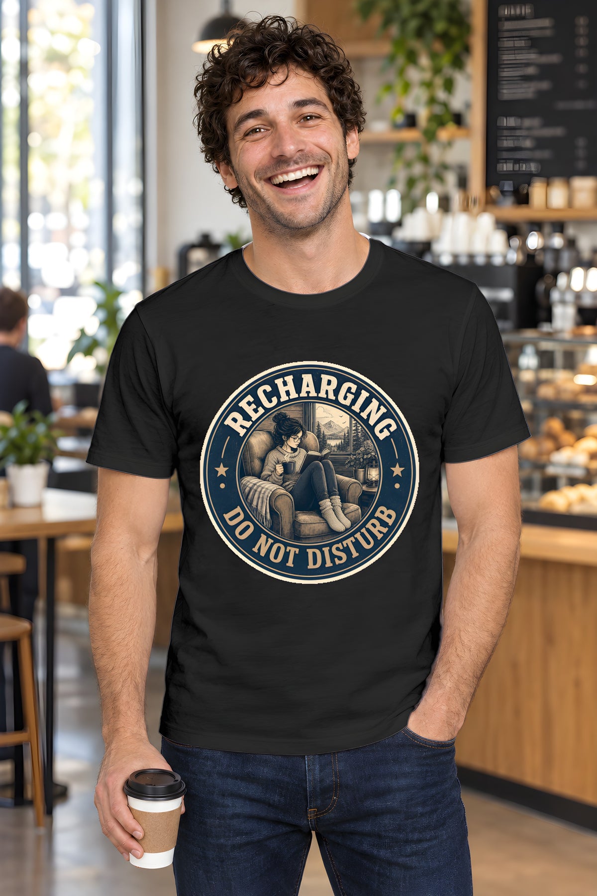 Introvert Self Care T-Shirt - Quiet Time Bliss – Black t-shirt worn by Milo