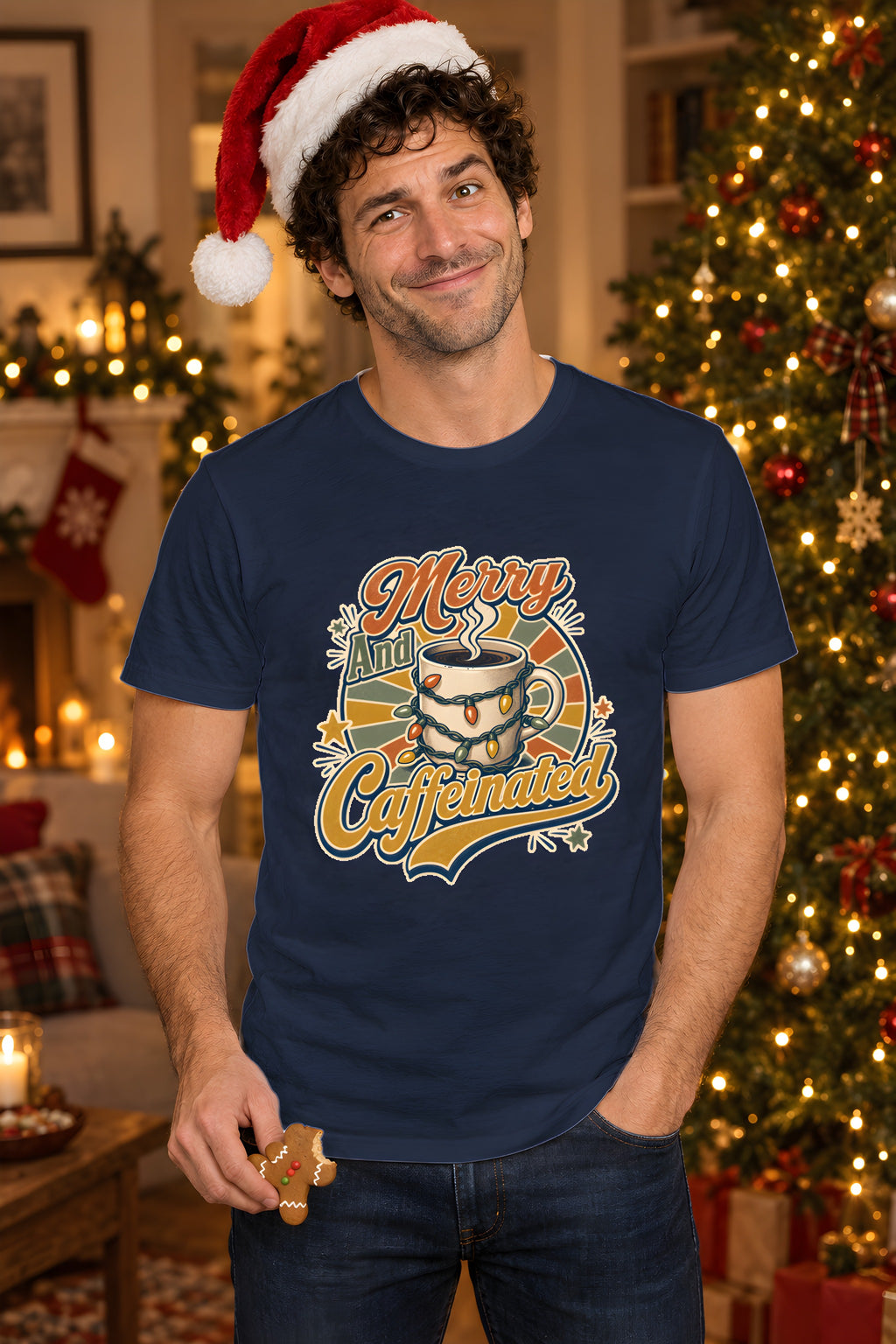 Christmas Coffee Shirt - Cozy Festive Humor – Navy t-shirt worn by Milo
