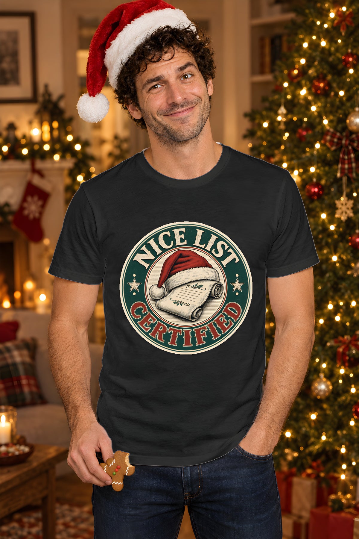 Christmas Santa Nice List - Festive Holiday Humor – Black t-shirt worn by Milo