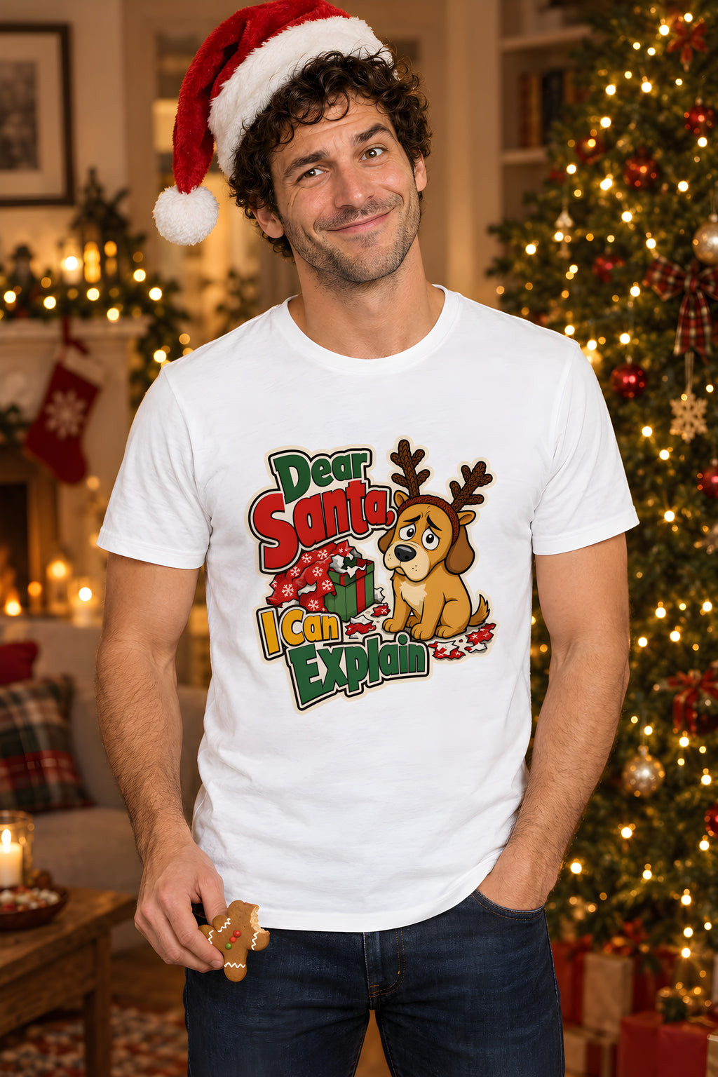 Guilty Dog Christmas T-Shirt, Funny Dog Lover Gift – White t-shirt worn by Milo