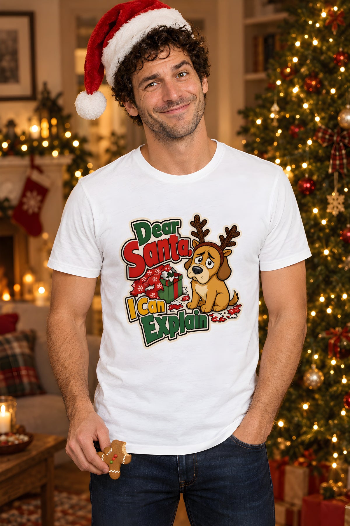 Guilty Dog Christmas T-Shirt, Funny Dog Lover Gift – White t-shirt worn by Milo
