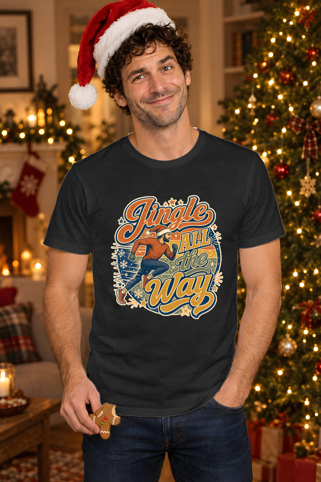 Jingle All the Way T-Shirt, Festive Running Gift – Black t-shirt worn by Milo