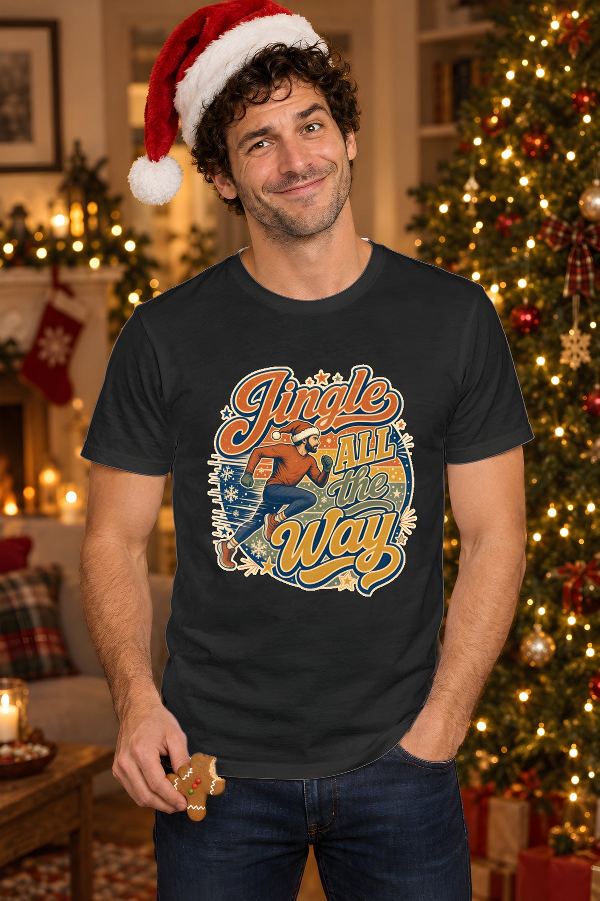 Jingle All the Way T-Shirt, Festive Running Gift – Black t-shirt worn by Milo