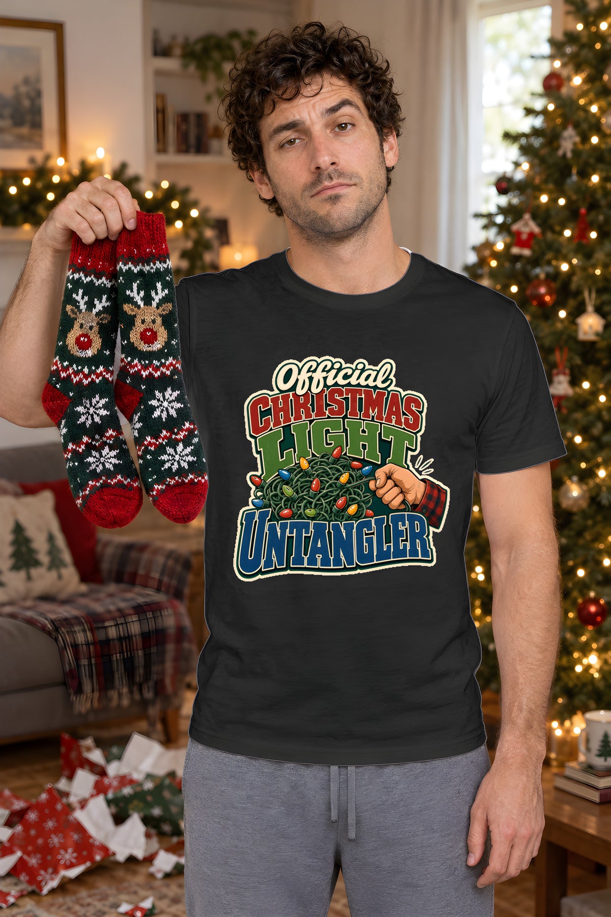 Official Christmas Light Untangler T-Shirt, Funny Dad Gift – Black t-shirt worn by Milo