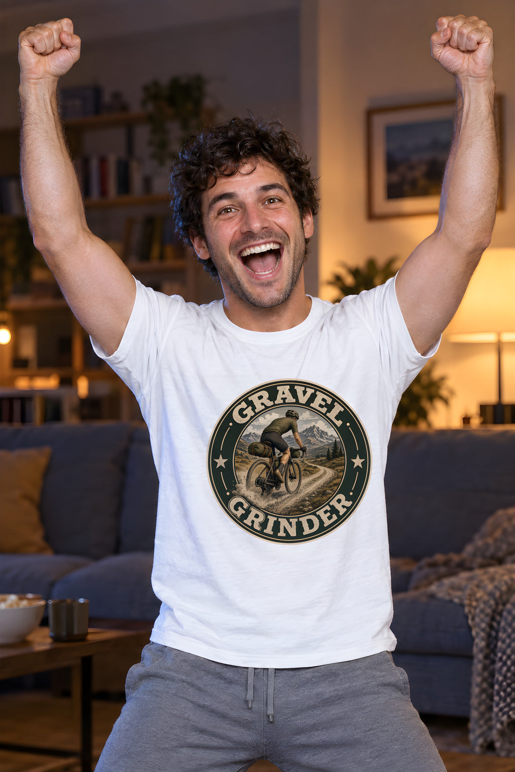 Cyclist Design T-Shirt - Adventure in Every Ride – White t-shirt worn by Milo