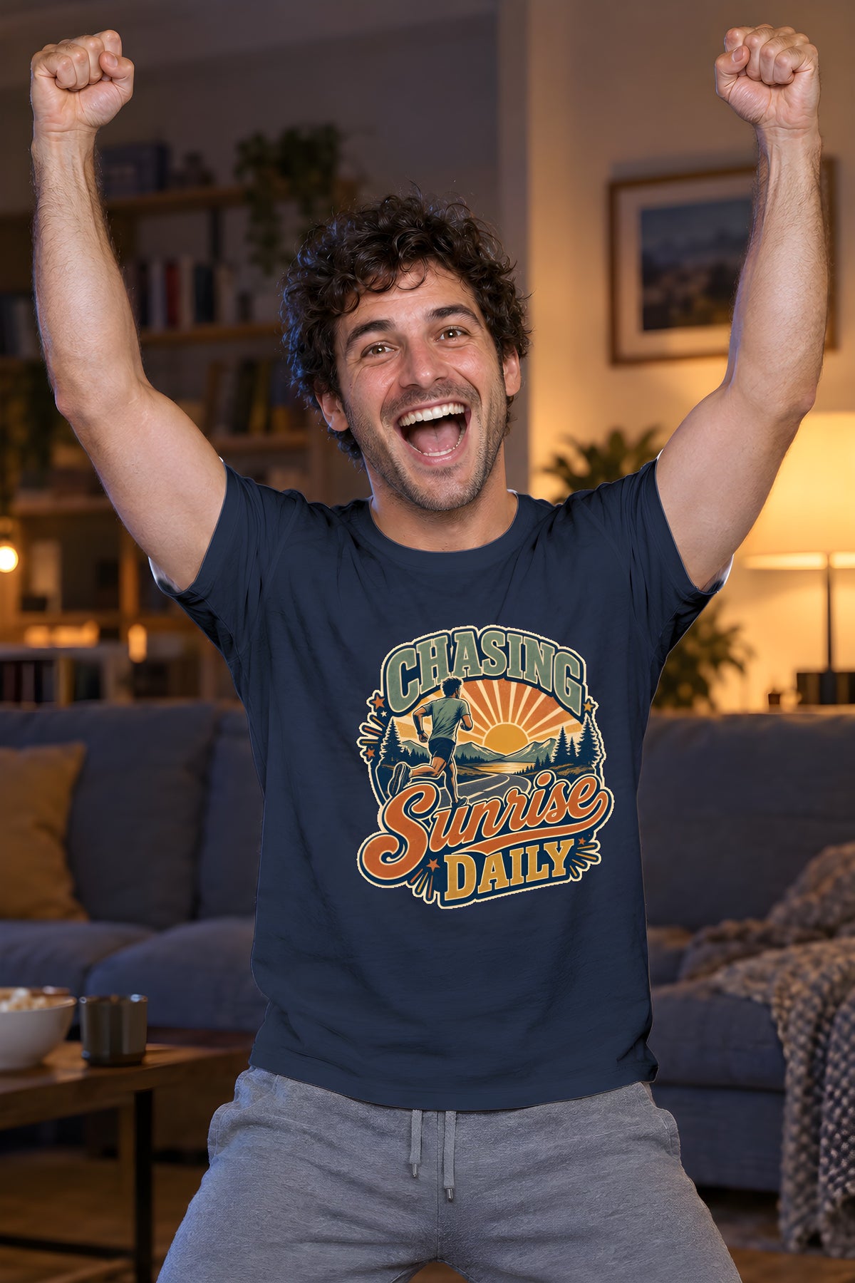 Original Sunrise Runner Design T-shirt for Early Risers – Navy t-shirt worn by Milo