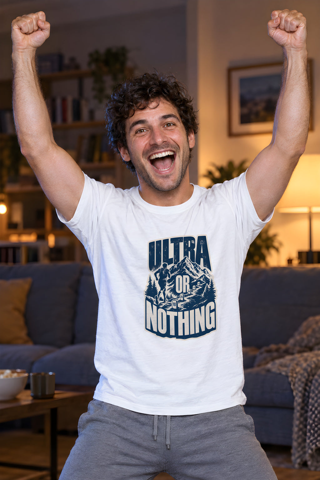 Original Mountain Runner T-Shirt Design – White t-shirt worn by Milo