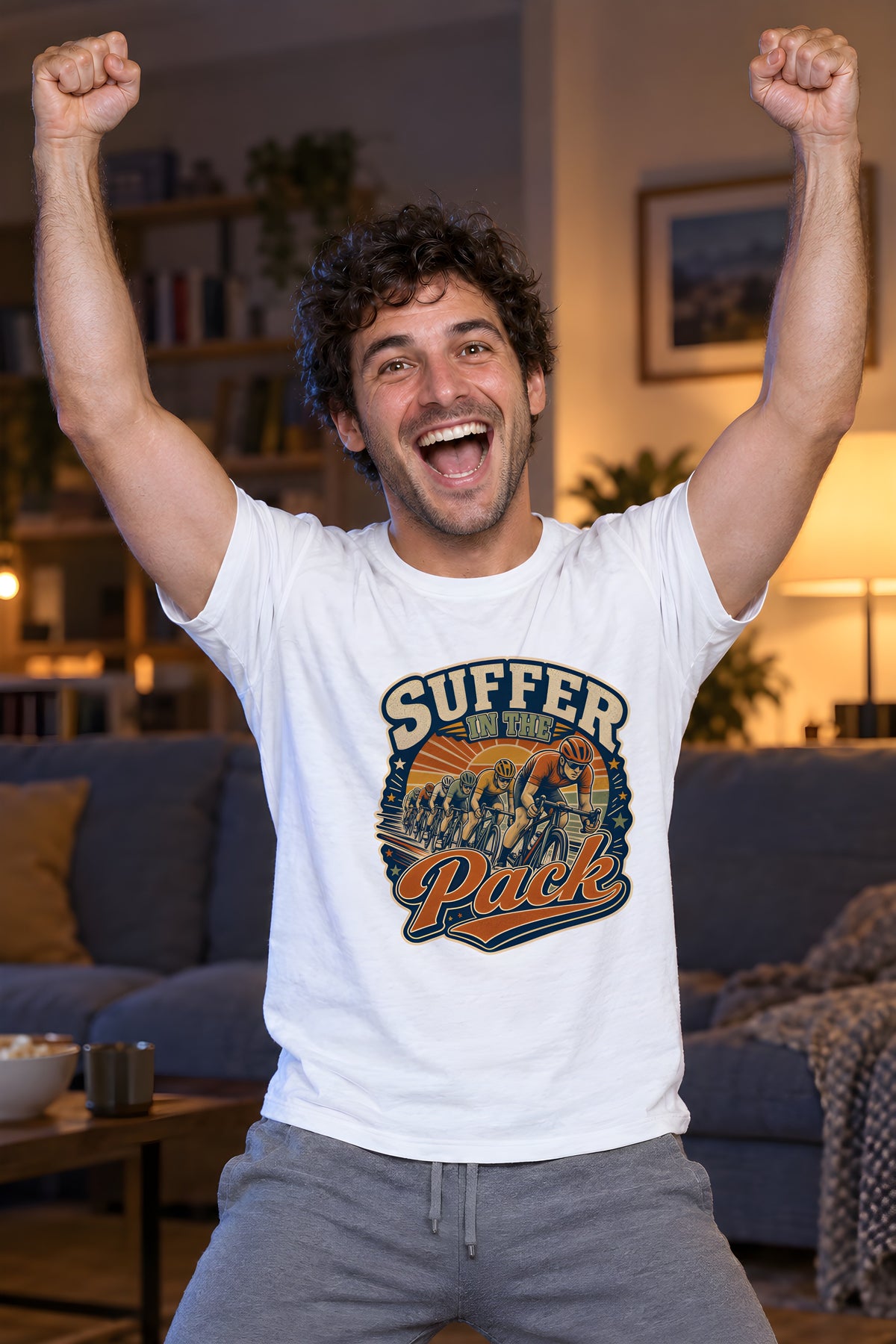 Road Cycling Peloton T-Shirt, Perfect for Racing Enthusiasts – White t-shirt worn by Milo